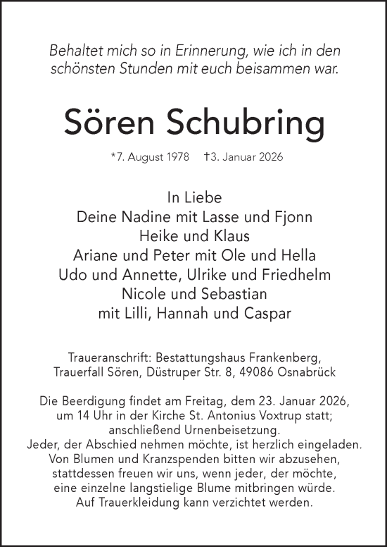 Traueranzeige von Sören Schubring von Neue Osnabrücker Zeitung GmbH & Co. KG 