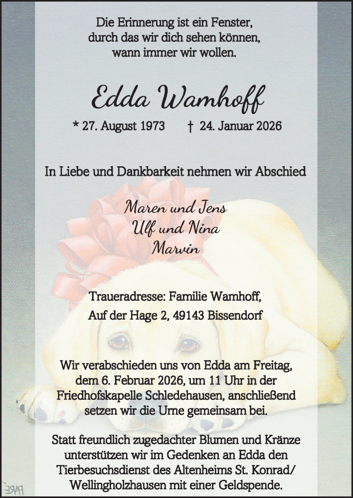  Traueranzeige für Edda Wamhoff vom 31.01.2026 aus Neue Osnabrücker Zeitung GmbH & Co. KG