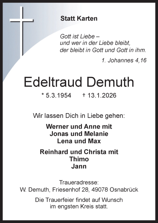 Traueranzeige von Edeltraud Demuth von Neue Osnabrücker Zeitung GmbH & Co. KG