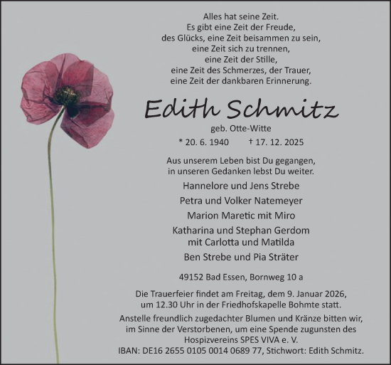 Traueranzeige von Edith Schmitz von Neue Osnabrücker Zeitung GmbH & Co. KG