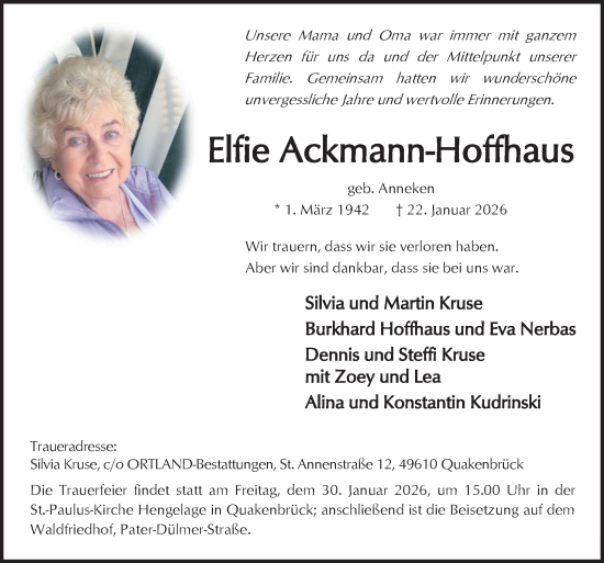 Traueranzeige von Elfie Ackmann-Hoffhaus von Neue Osnabrücker Zeitung GmbH & Co. KG