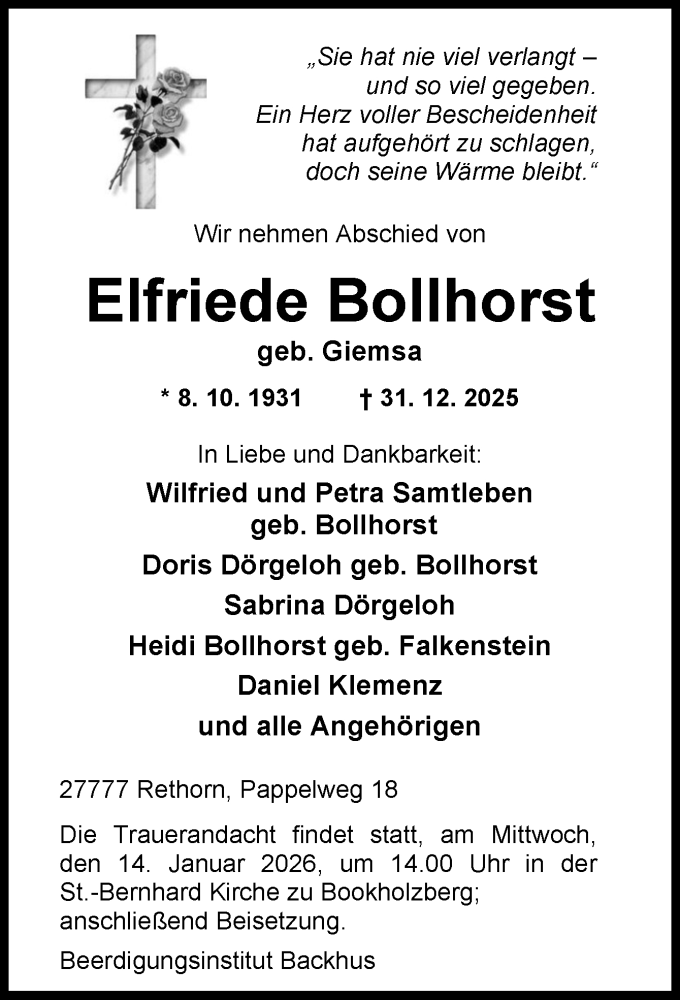  Traueranzeige für Elfriede Bollhorst vom 06.01.2026 aus DK Medien GmbH & Co. KG