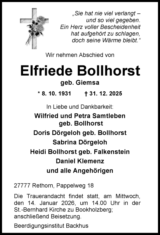 Traueranzeige von Elfriede Bollhorst von DK Medien GmbH & Co. KG