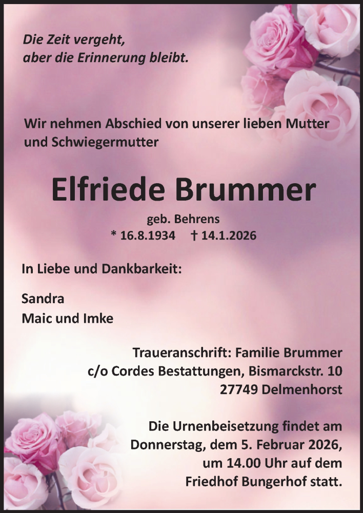  Traueranzeige für Elfriede Brummer vom 31.01.2026 aus DK Medien GmbH & Co. KG