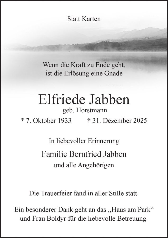  Traueranzeige für Elfriede Jabben vom 24.01.2026 aus DK Medien GmbH & Co. KG