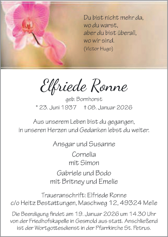 Traueranzeige von Elfriede Ronne von Neue Osnabrücker Zeitung GmbH & Co. KG