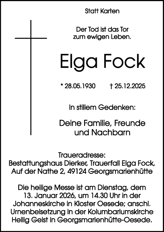 Traueranzeige von Elga Fock von Neue Osnabrücker Zeitung GmbH & Co. KG