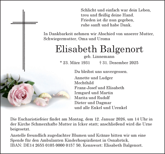 Traueranzeige von Elisabeth Balgenort von Neue Osnabrücker Zeitung GmbH & Co. KG
