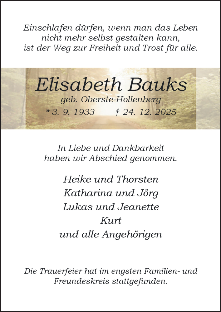  Traueranzeige für Elisabeth Bauks vom 24.01.2026 aus Neue Osnabrücker Zeitung GmbH & Co. KG