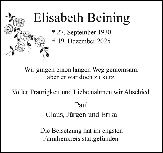 Traueranzeige von Elisabeth Beining von Neue Osnabrücker Zeitung GmbH & Co. KG