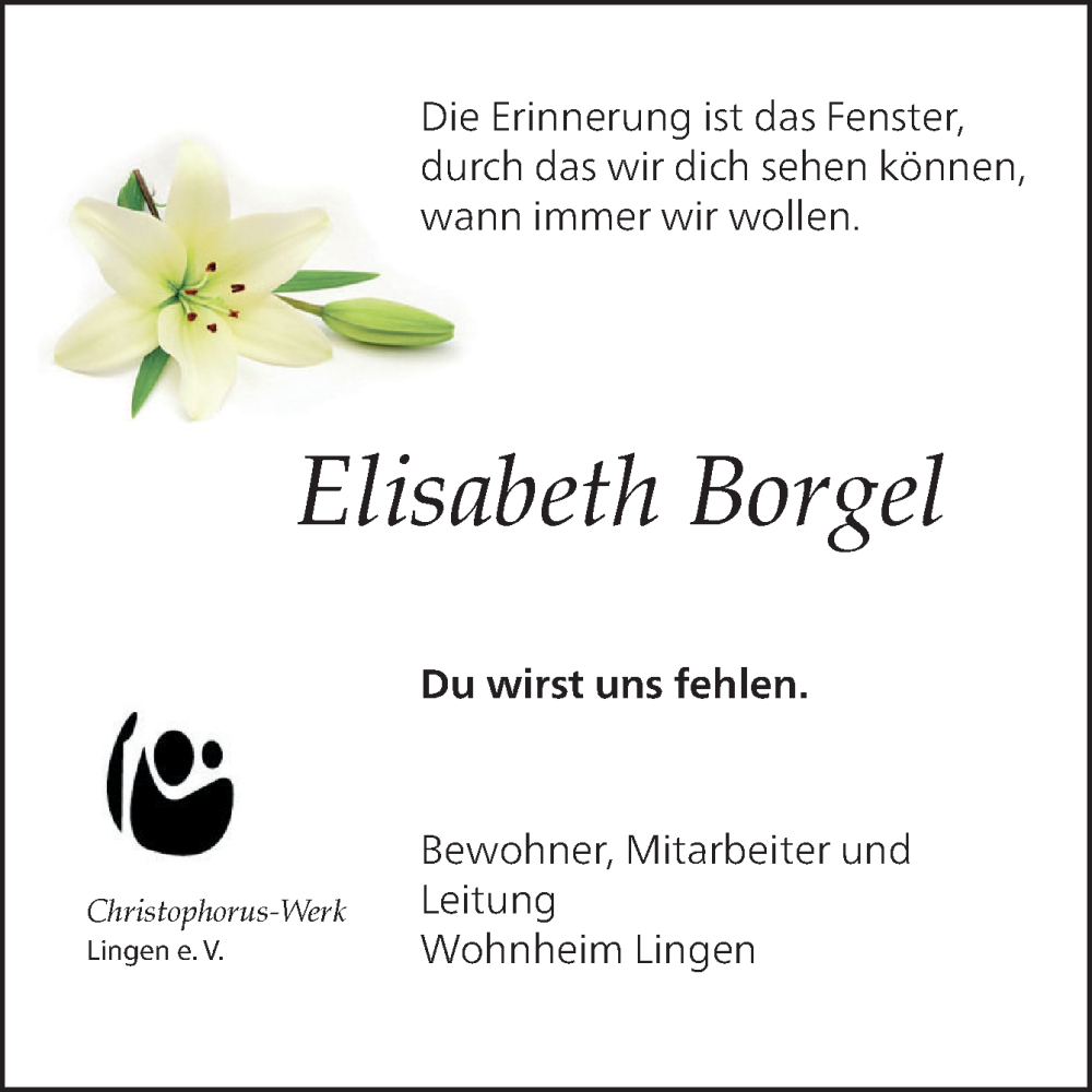  Traueranzeige für Elisabeth Borgel vom 28.01.2026 aus Neue Osnabrücker Zeitung GmbH & Co. KG