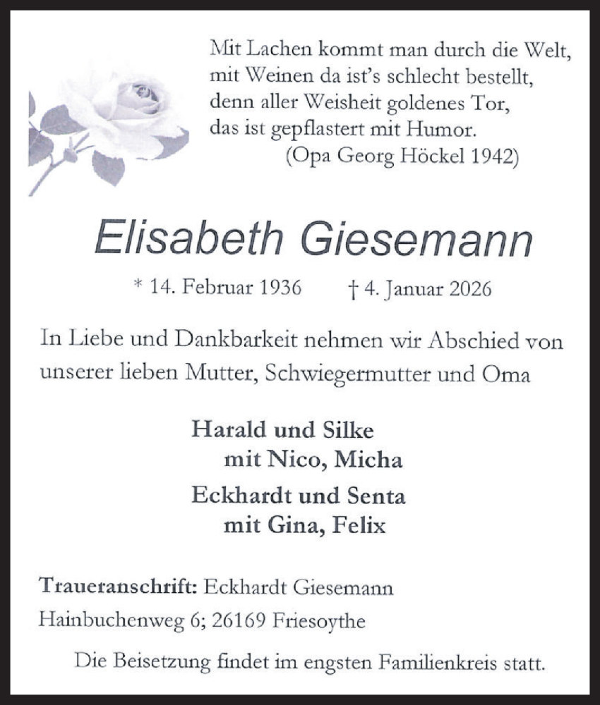  Traueranzeige für Elisabeth Giesemann vom 10.01.2026 aus DK Medien GmbH & Co. KG