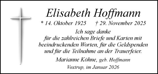 Traueranzeige von Elisabeth Hoffmann von Neue Osnabrücker Zeitung GmbH & Co. KG