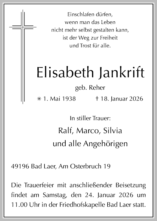 Traueranzeige von Elisabeth Jankrift von Neue Osnabrücker Zeitung GmbH & Co. KG