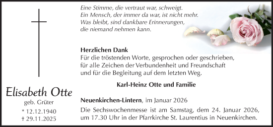 Traueranzeige von Elisabeth Otte von Neue Osnabrücker Zeitung GmbH & Co. KG