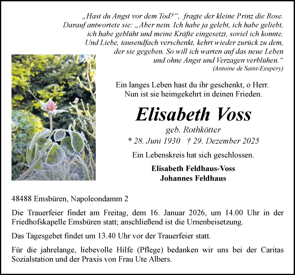  Traueranzeige für Elisabeth Voss vom 10.01.2026 aus Neue Osnabrücker Zeitung GmbH & Co. KG