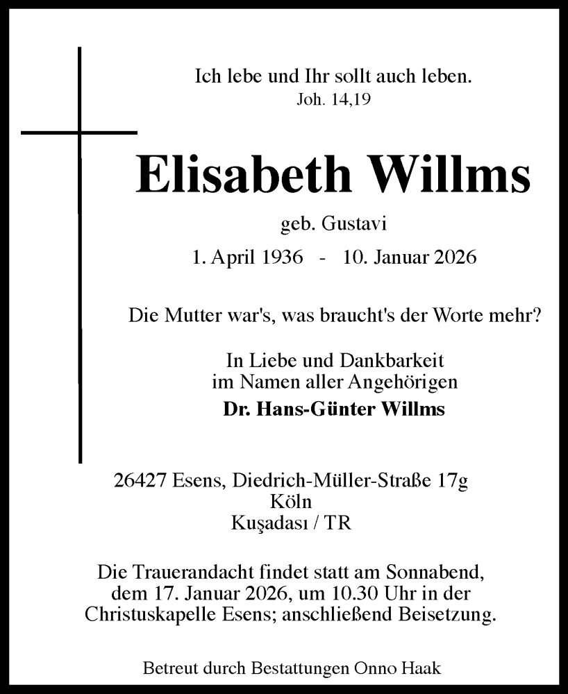  Traueranzeige für Elisabeth Willms vom 14.01.2026 aus Ostfriesischer Kurier GmbH