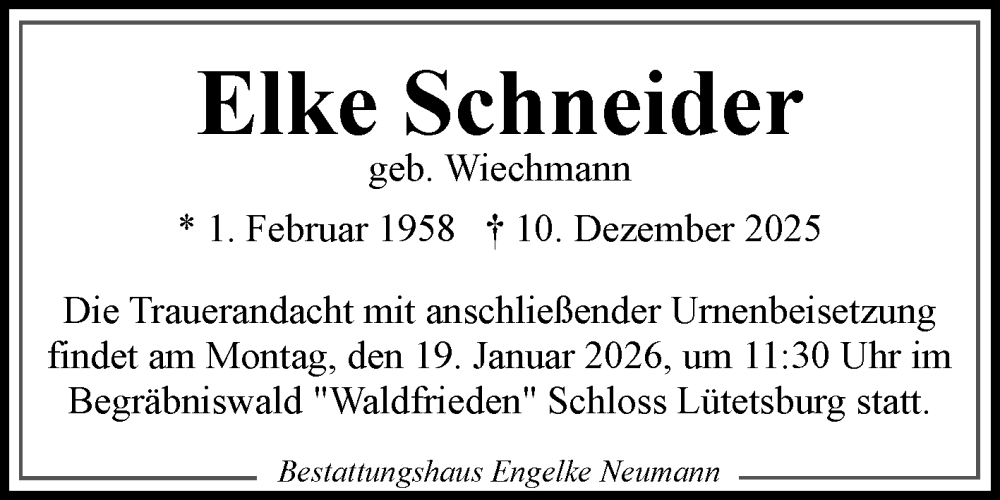 Traueranzeige für Elke Schneider vom 17.01.2026 aus Ostfriesischer Kurier GmbH