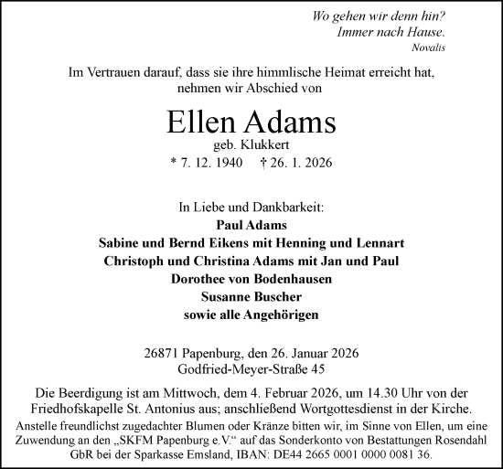 Traueranzeige von Ellen Adams von Neue Osnabrücker Zeitung GmbH & Co. KG