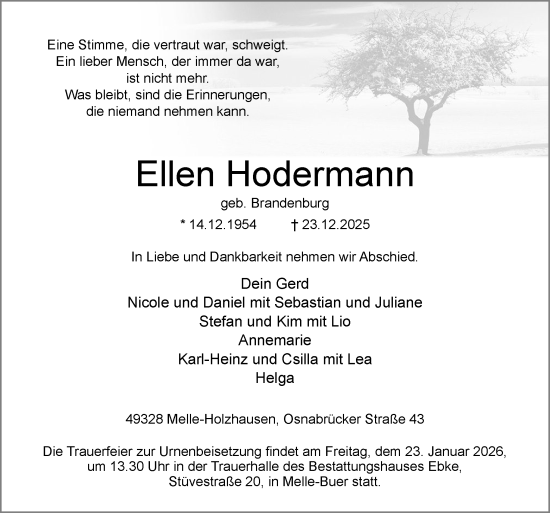 Traueranzeige von Ellen Hodermann von Neue Osnabrücker Zeitung GmbH & Co. KG
