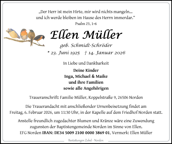 Traueranzeige von Ellen Müller von Ostfriesischer Kurier / Norderneyer Badezeitung