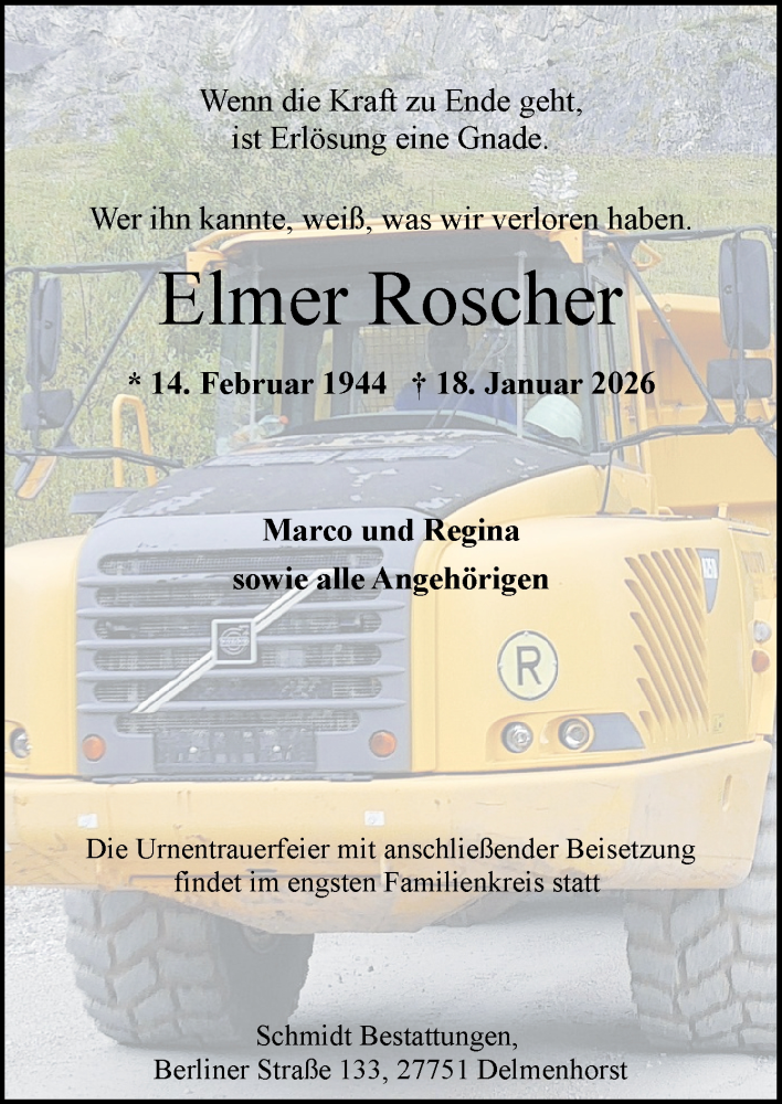  Traueranzeige für Elmer Roscher vom 24.01.2026 aus DK Medien GmbH & Co. KG