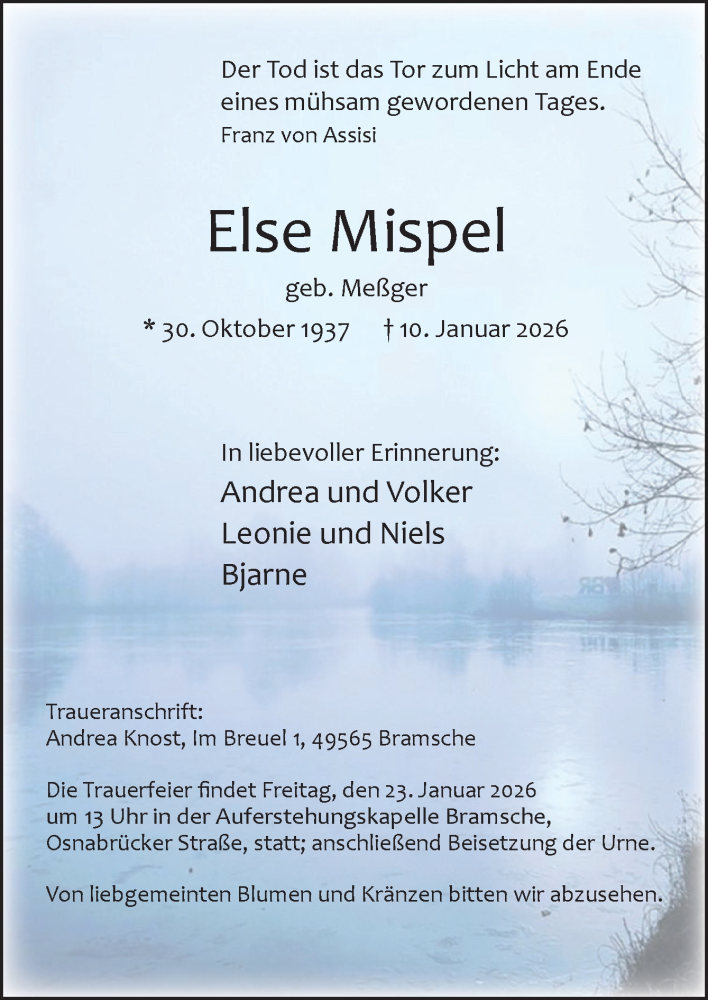  Traueranzeige für Else Mispel vom 17.01.2026 aus Neue Osnabrücker Zeitung GmbH & Co. KG