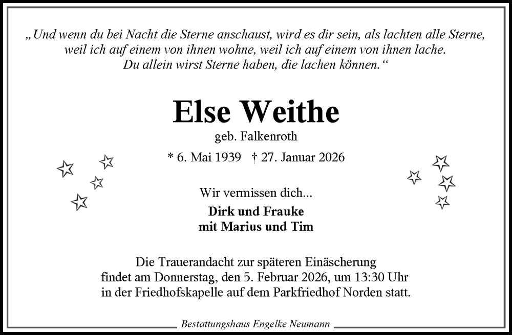  Traueranzeige für Else Weithe vom 31.01.2026 aus Ostfriesischer Kurier GmbH