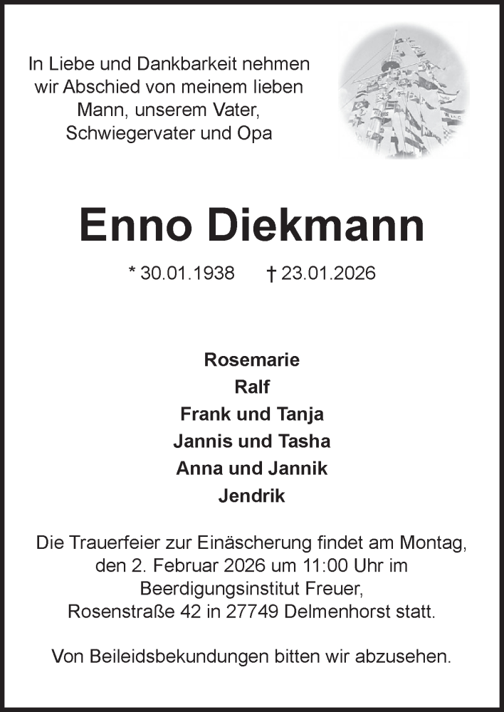  Traueranzeige für Enno Diekmann vom 31.01.2026 aus DK Medien GmbH & Co. KG