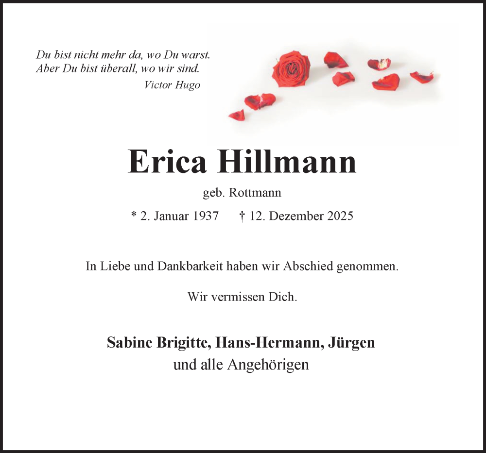  Traueranzeige für Erica Hillmann vom 02.01.2026 aus Neue Osnabrücker Zeitung GmbH & Co. KG