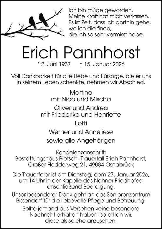 Traueranzeige von Erich Pannhorst von Neue Osnabrücker Zeitung GmbH & Co. KG