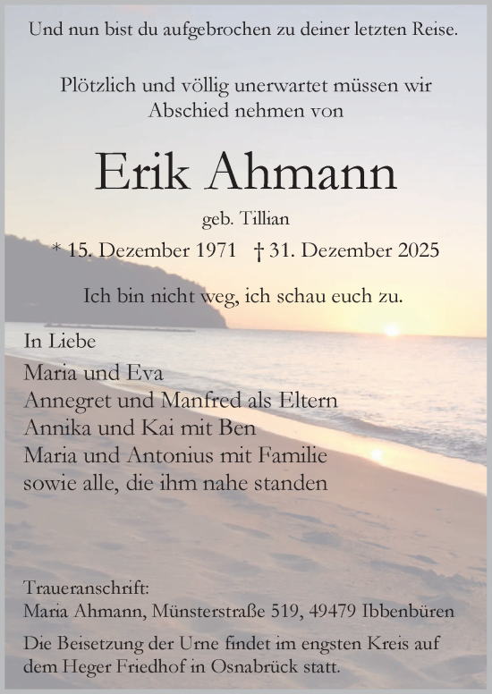 Traueranzeige von Erik Ahmann von Neue Osnabrücker Zeitung GmbH & Co. KG