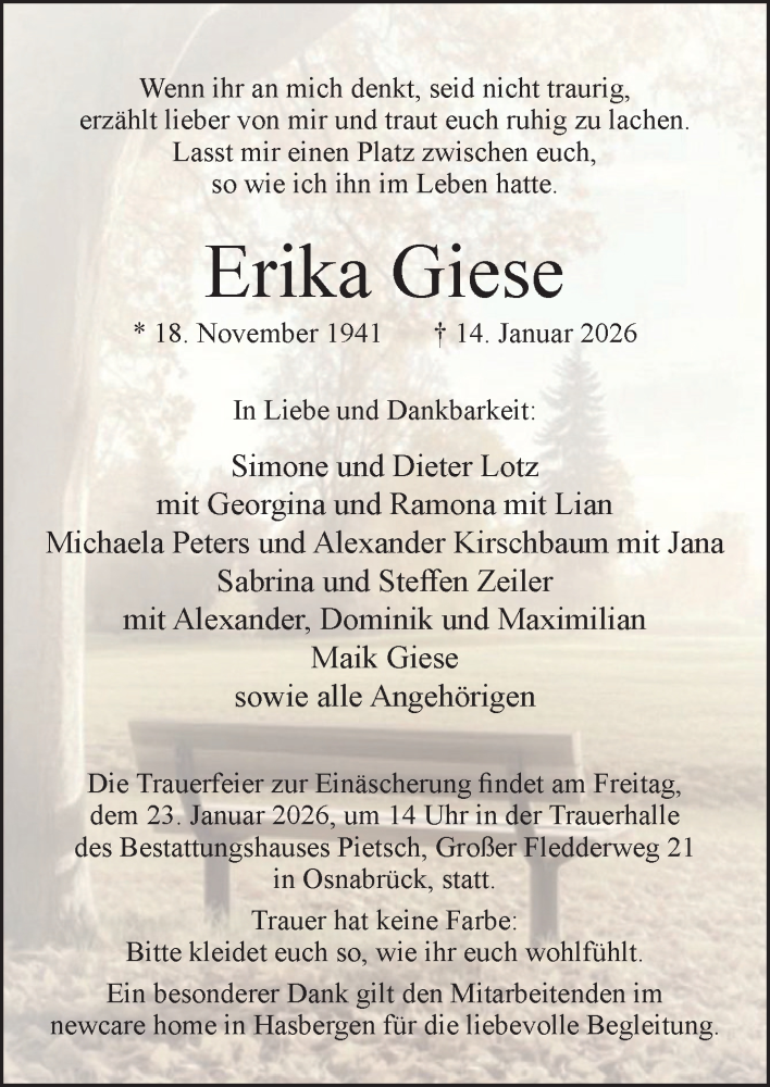  Traueranzeige für Erika Giese vom 17.01.2026 aus Neue Osnabrücker Zeitung GmbH & Co. KG