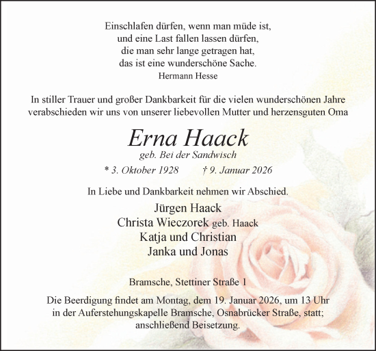 Traueranzeige von Erna Haack von Neue Osnabrücker Zeitung GmbH & Co. KG