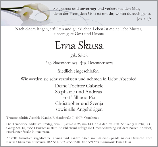 Traueranzeige von Erna Skusa von Neue Osnabrücker Zeitung GmbH & Co. KG
