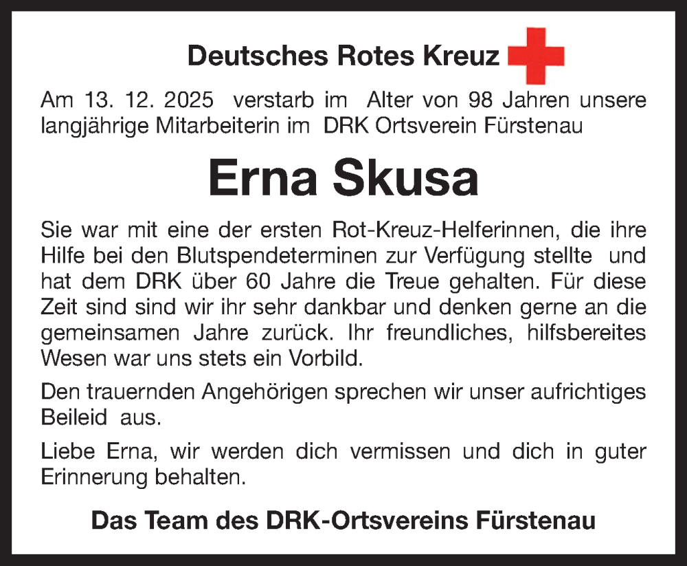  Traueranzeige für Erna Skusa vom 03.01.2026 aus Neue Osnabrücker Zeitung GmbH & Co. KG
