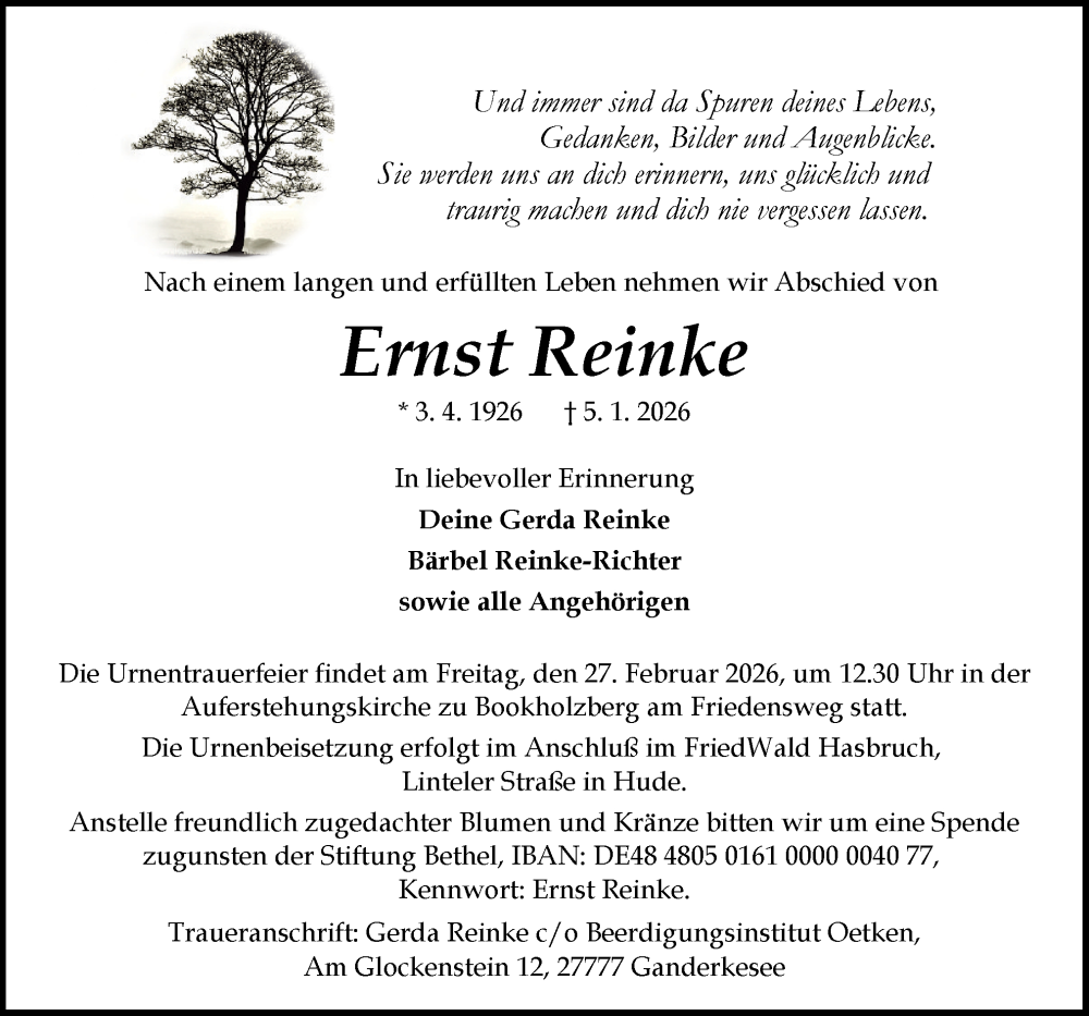  Traueranzeige für Ernst Reinke vom 10.01.2026 aus DK Medien GmbH & Co. KG
