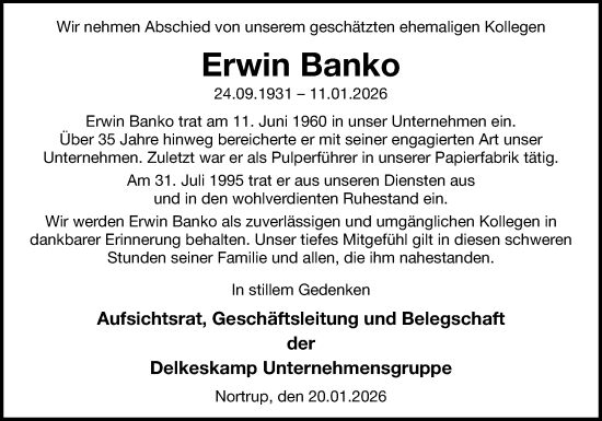 Traueranzeige von Erwin Banko von Neue Osnabrücker Zeitung GmbH & Co. KG