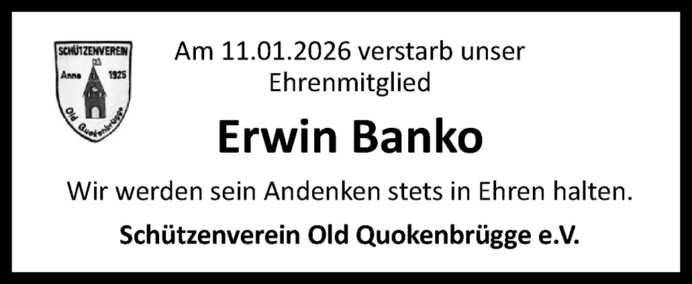  Traueranzeige für Erwin Banko vom 15.01.2026 aus Neue Osnabrücker Zeitung GmbH & Co. KG