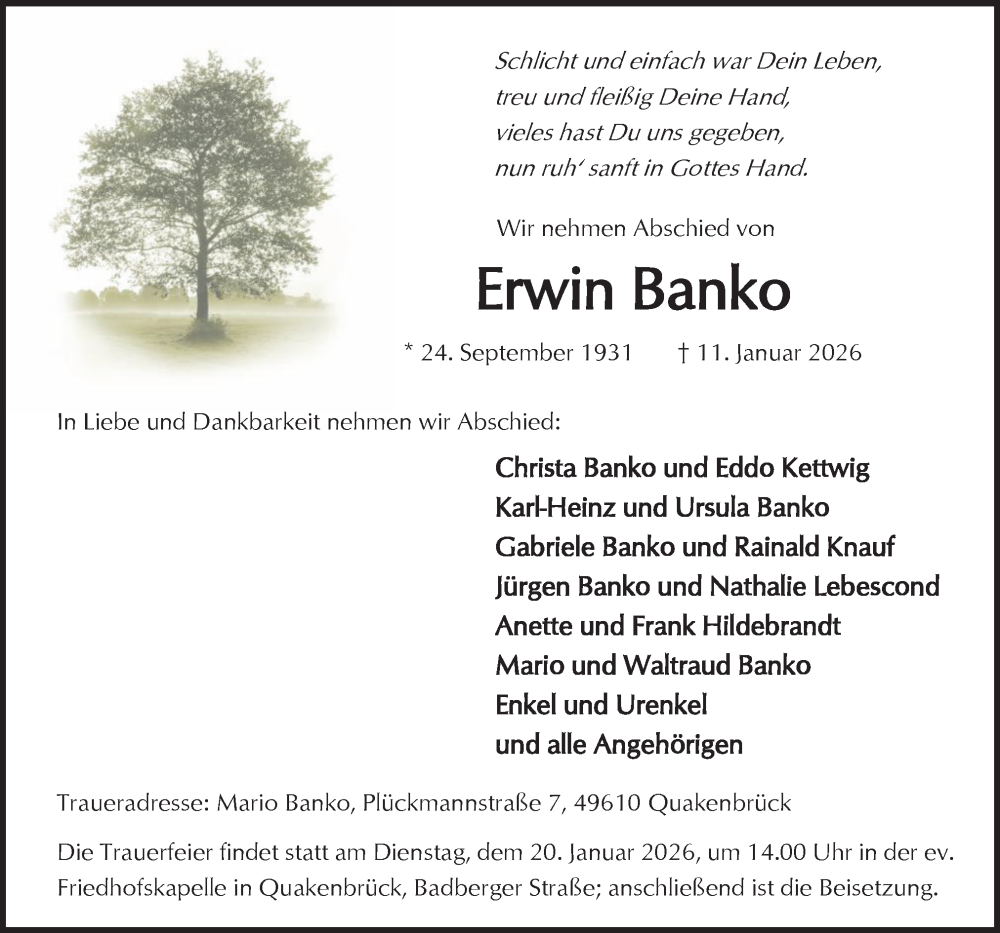  Traueranzeige für Erwin Banko vom 15.01.2026 aus Neue Osnabrücker Zeitung GmbH & Co. KG