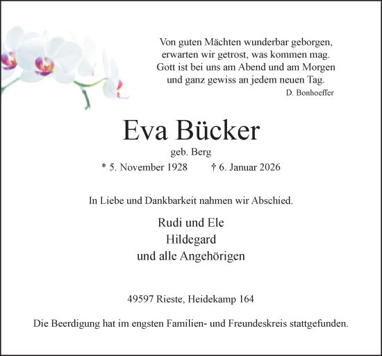Traueranzeige von Eva Bücker von Neue Osnabrücker Zeitung GmbH & Co. KG