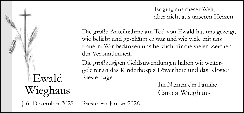  Traueranzeige für Ewald Wieghaus vom 17.01.2026 aus Neue Osnabrücker Zeitung GmbH & Co. KG