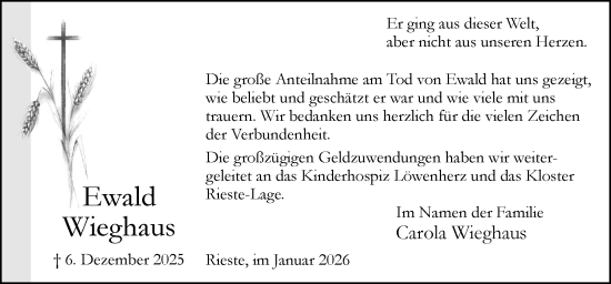 Traueranzeige von Ewald Wieghaus von Neue Osnabrücker Zeitung GmbH & Co. KG