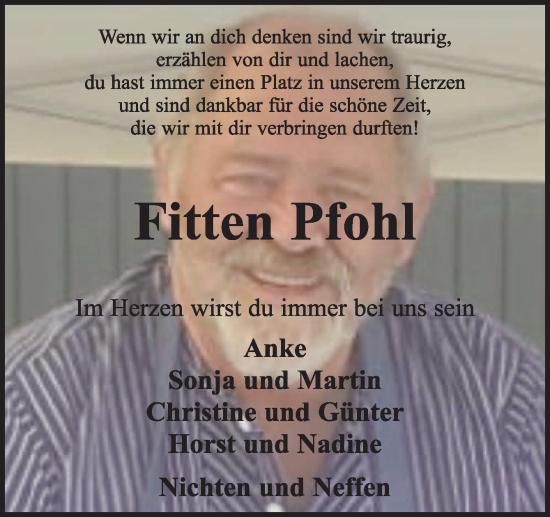 Traueranzeige von Fitten Pfohl von Neue Osnabrücker Zeitung GmbH & Co. KG