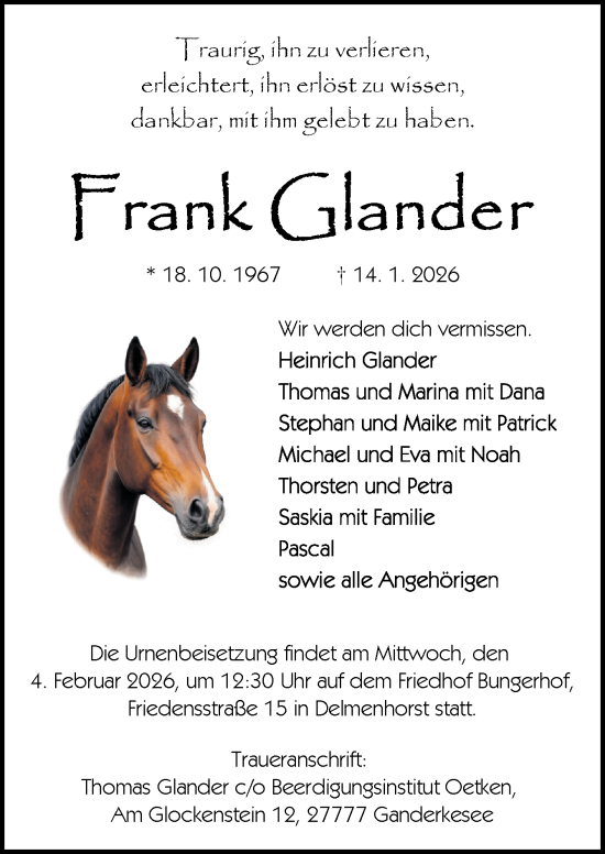 Traueranzeige von Frank Glander von DK Medien GmbH & Co. KG