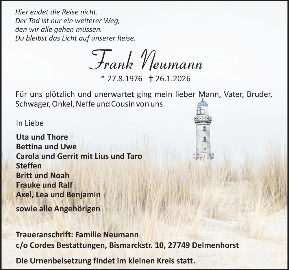  Traueranzeige für Frank Neumann vom 31.01.2026 aus DK Medien GmbH & Co. KG