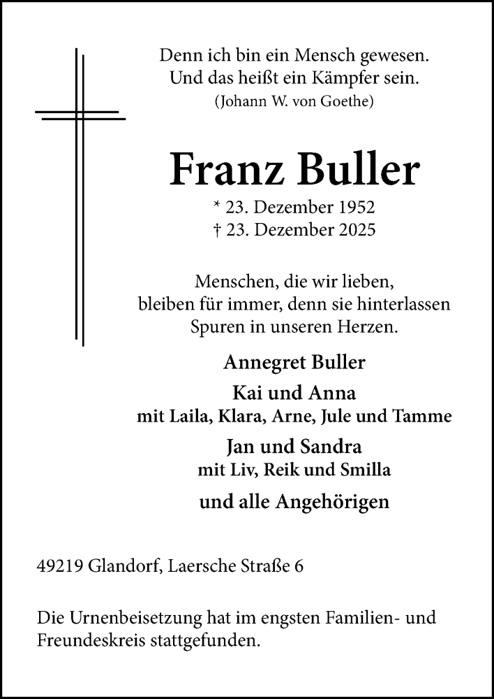  Traueranzeige für Franz Buller vom 10.01.2026 aus Neue Osnabrücker Zeitung GmbH & Co. KG