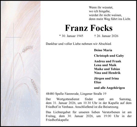 Traueranzeige von Franz Focks von Neue Osnabrücker Zeitung GmbH & Co. KG