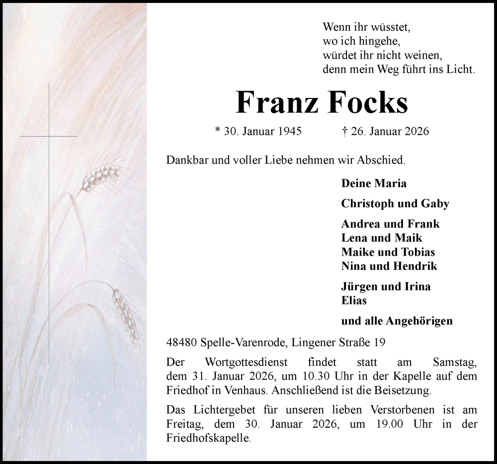  Traueranzeige für Franz Focks vom 29.01.2026 aus Neue Osnabrücker Zeitung GmbH & Co. KG