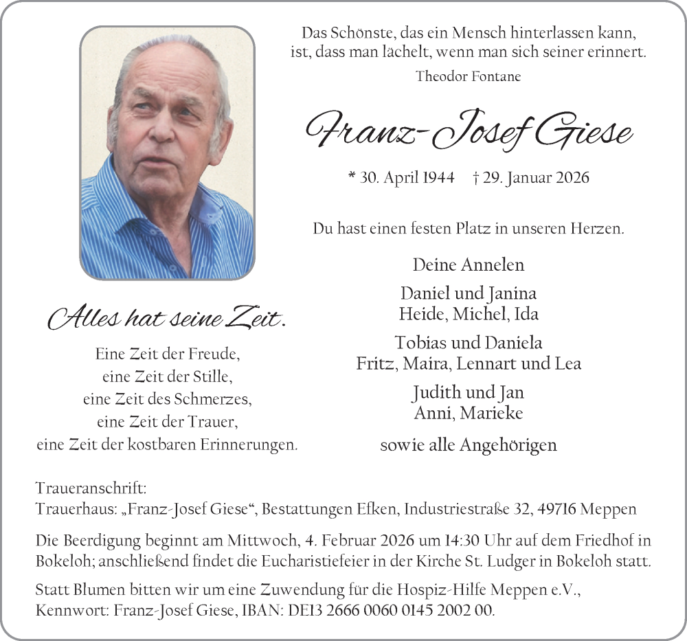  Traueranzeige für Franz-Josef Giese vom 31.01.2026 aus Neue Osnabrücker Zeitung GmbH & Co. KG